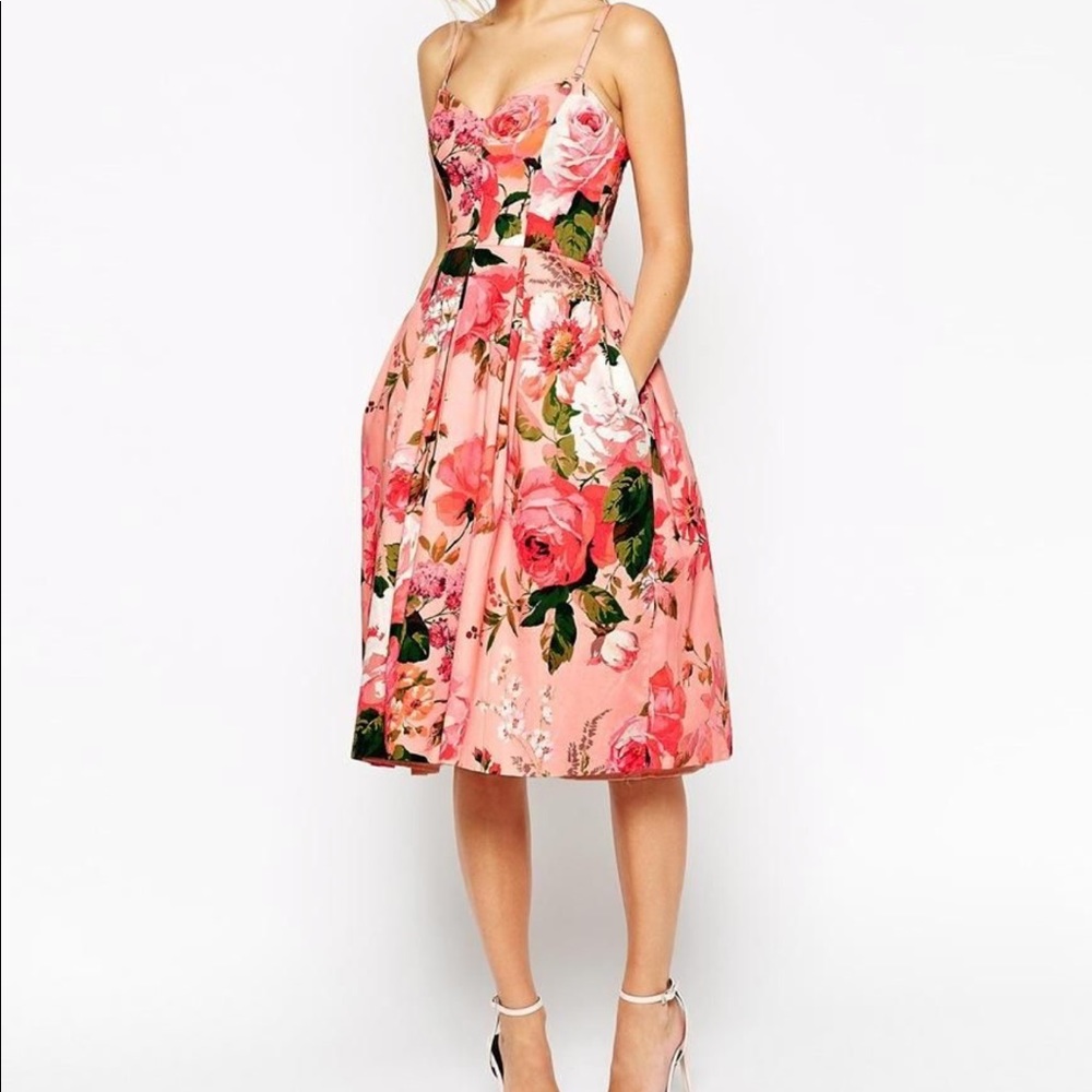 ISO ASOS SALON ROSE PRINT MIDI PROM DRESS